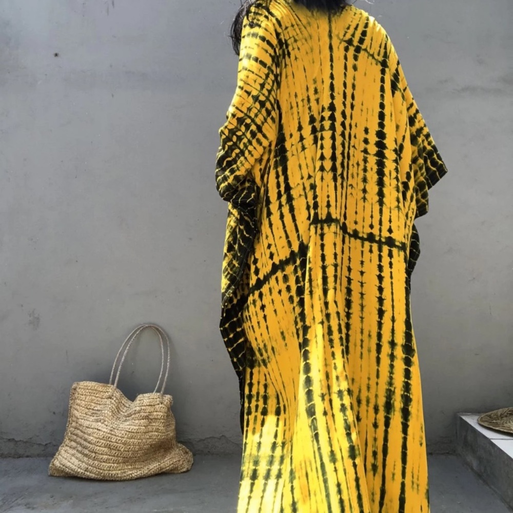 SOLD OUT Yellow & Black Bohemian Tie Dye Kaftan Kimono Dress - Picture 5 of 9